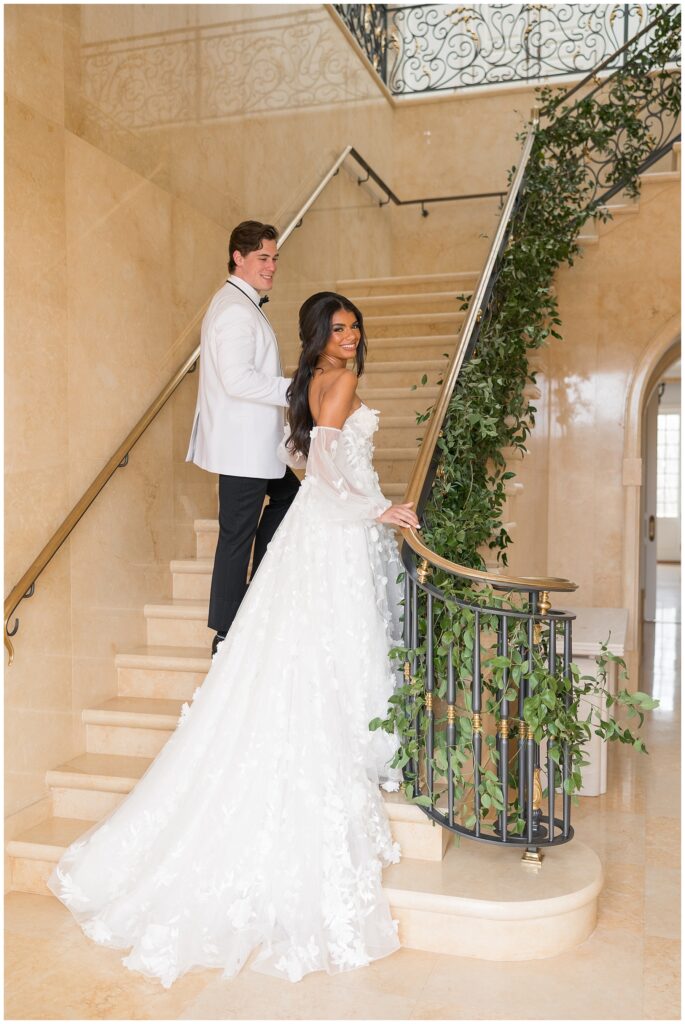 Bride and Groom Standing in Stairwell at Oxbow Estate | Stairwell Wedding Photos