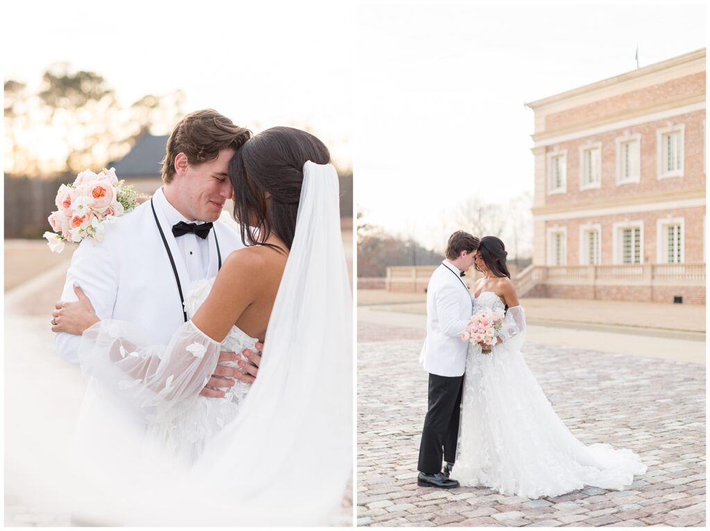 Photos of Bride and Groom | Bride and Groom Embracing Outside Oxbow Estate | Wedding Venue Inspiration