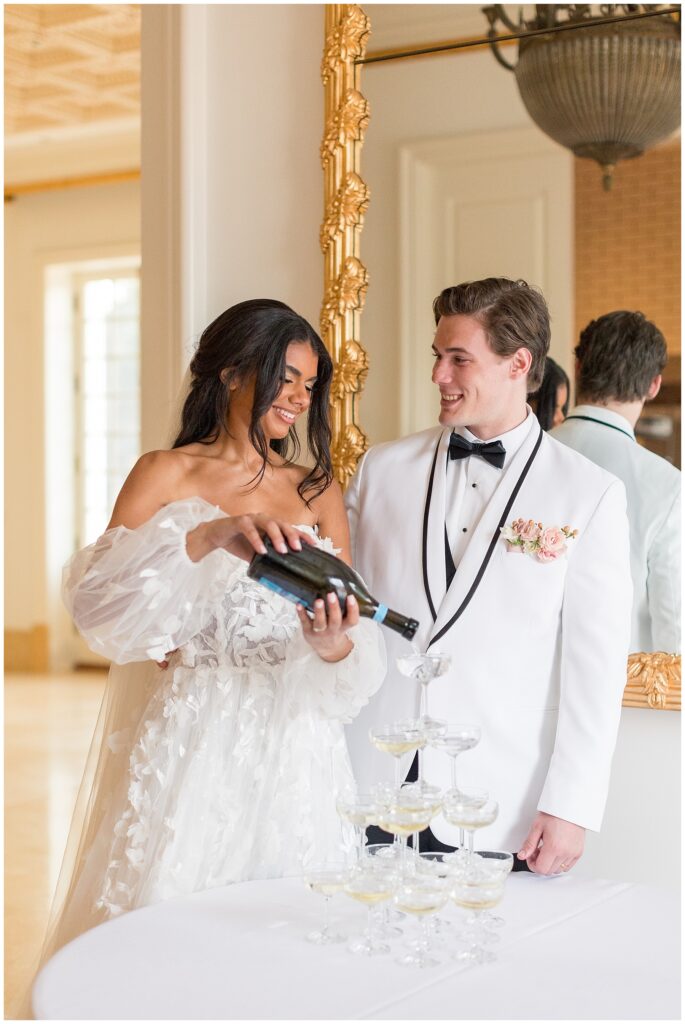 Bride Pouring Champagne | Champagne Wedding Tower