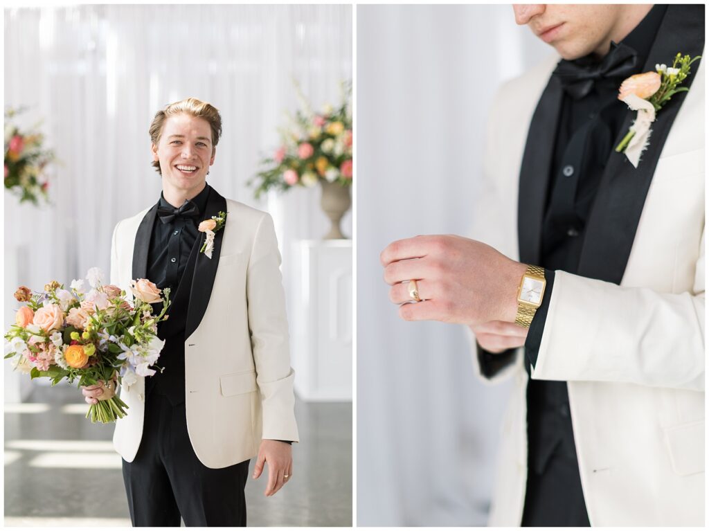 Groom Holding Bridal Bouquet | Groom Wedding Day Watch Inspo