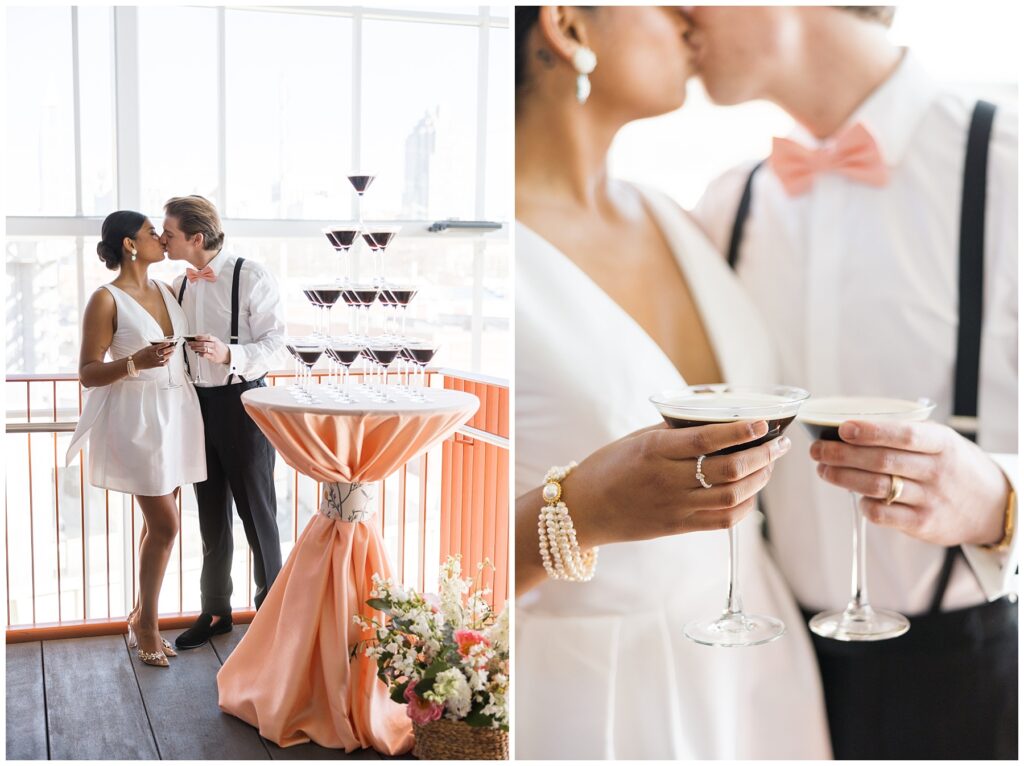 Bride and Groom Standing near Espresso Martini Tower | Bride Groom Holding Espresso Martinis
