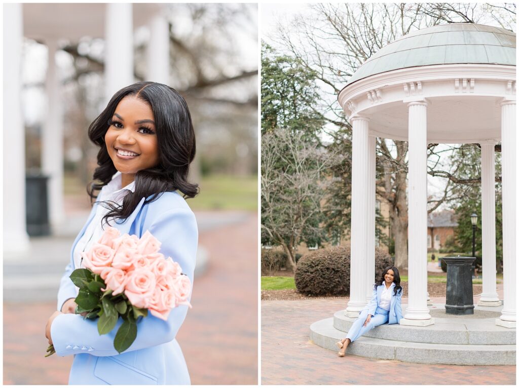 Graduate Photos at UNC Chapel Hill | Chapel Hill Senior Photographer | Grad Photos with Pink Flowers | Old Well at UNC Chapel Hill