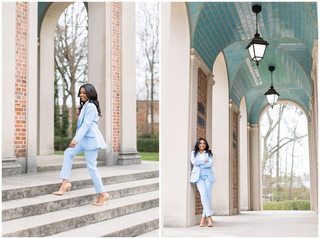 UNC Grad Photos at the Bell Tower | Grad Photos Walking up the Stairs | Chapel Hill Graduate Photographer