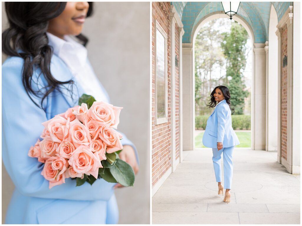 Grad Photos at the UNC Bell Tower | Grad Photos with Pink Flowers | Chapel Hill Senior Photographer