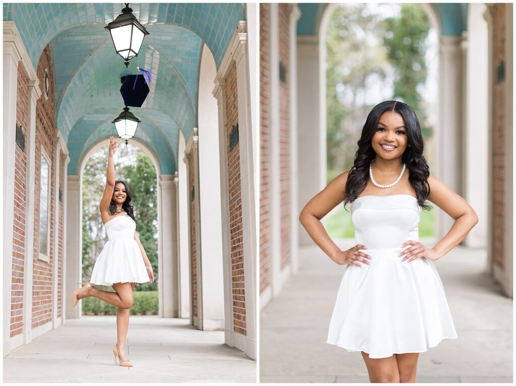 UNC Bell Tower Graduate Photos | Graduate Tossing Cap at Bell Tower | Grad Outfit Inspiration
