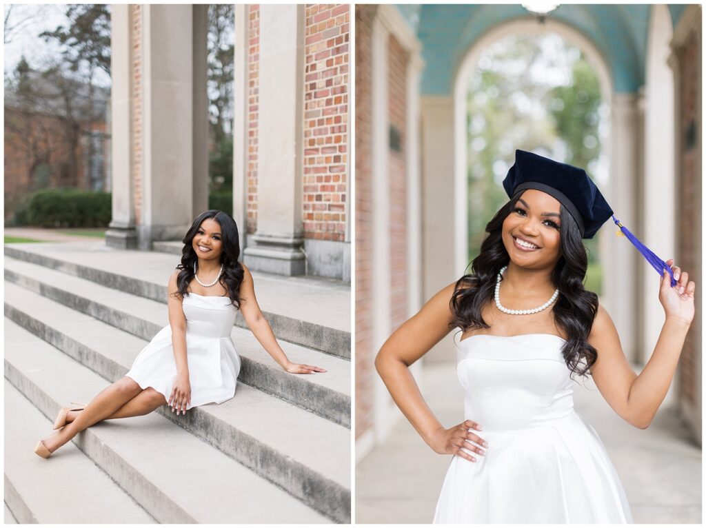 Graduate Wearing Cap | Grad Photos on Stairs at Bell Tower | Chapel Hill Grad Photographer
