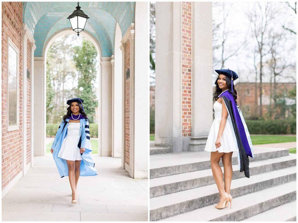 Graduation cap and gown Photo Inspiration | UNC Bell Tower Graduate Photos | Grad Photos on Stairs