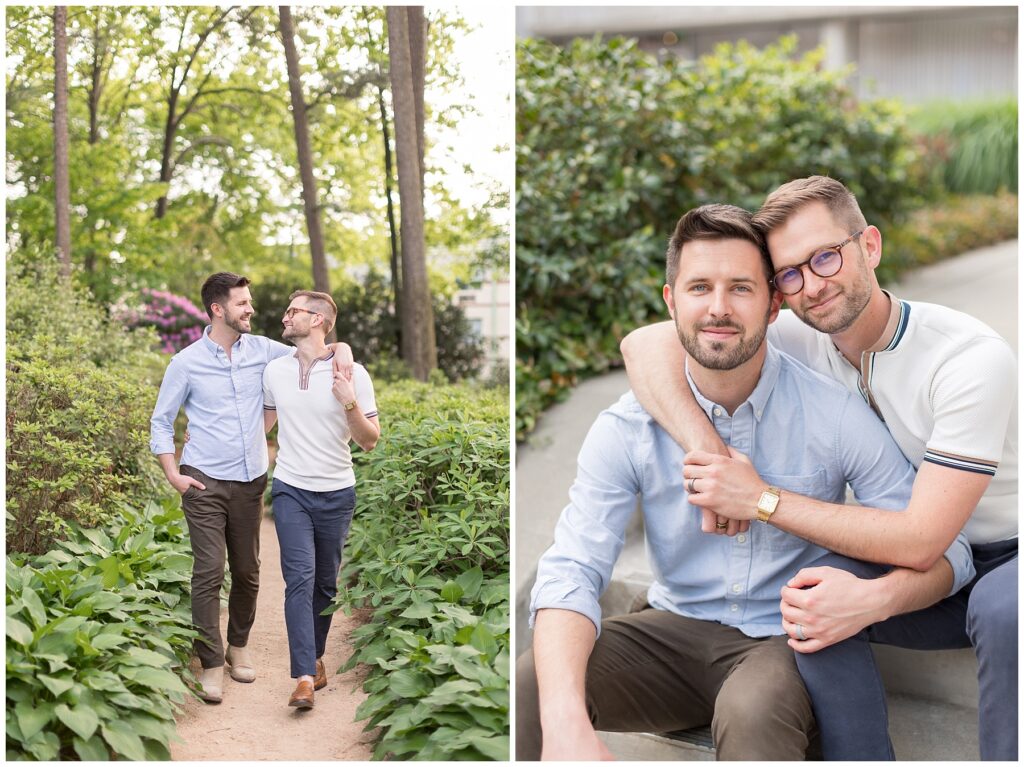 LGBTQ Garden Engagement Ideas | Couple Embracing in Garden | Raleigh Engagement Photos