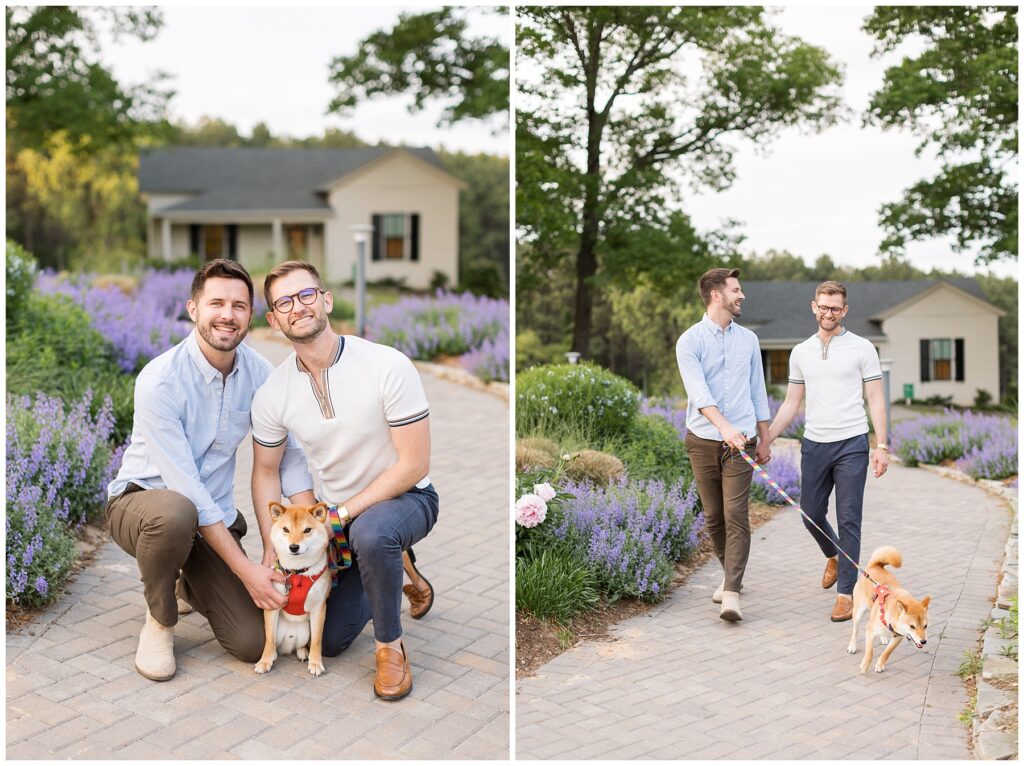 Engagement Garden Photos with Pet | Lavender Field Engagement Inspiration  | Raleigh Engagement Photos
