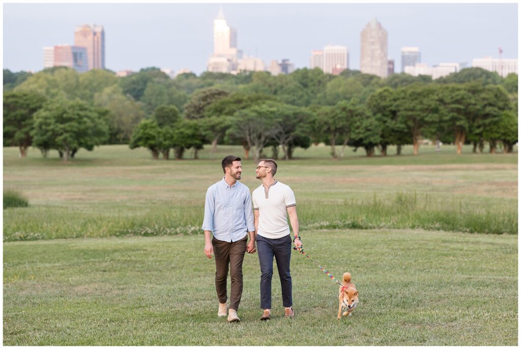 Engagement Photos with City Skyline | Spring Engagement Photo Ideas | Raleigh Engagement Photos