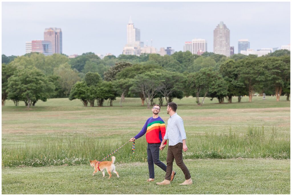 LGBTQ Engagement Photos with a View | Romantic Cityscape Engagement Photos with Dog | Raleigh Engagement Photos
