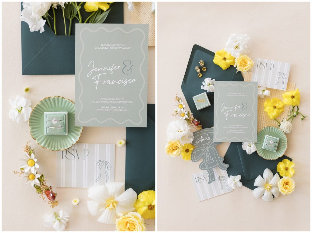 Custom wedding stationery with Yellow and Green details for a summer wedding in Cary North Carolina at The Upchurch | Sarah Hinckley Photography