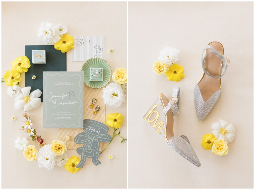 Custom wedding stationery with stripes and bows, green and yellow design | She is Cheval Wedding Shoes | The Upchurch Gimlets on the Grass Details