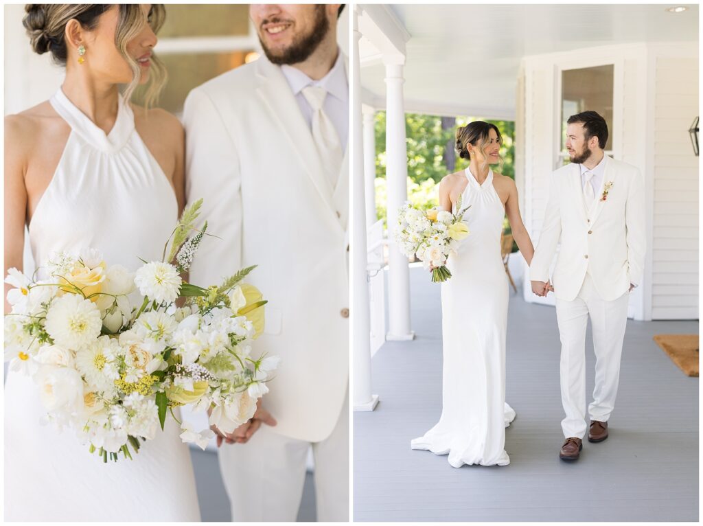 All white Summer Wedding Inspiration | White Groom Suit | The Upchurch Wedding Venue in Cary, NC