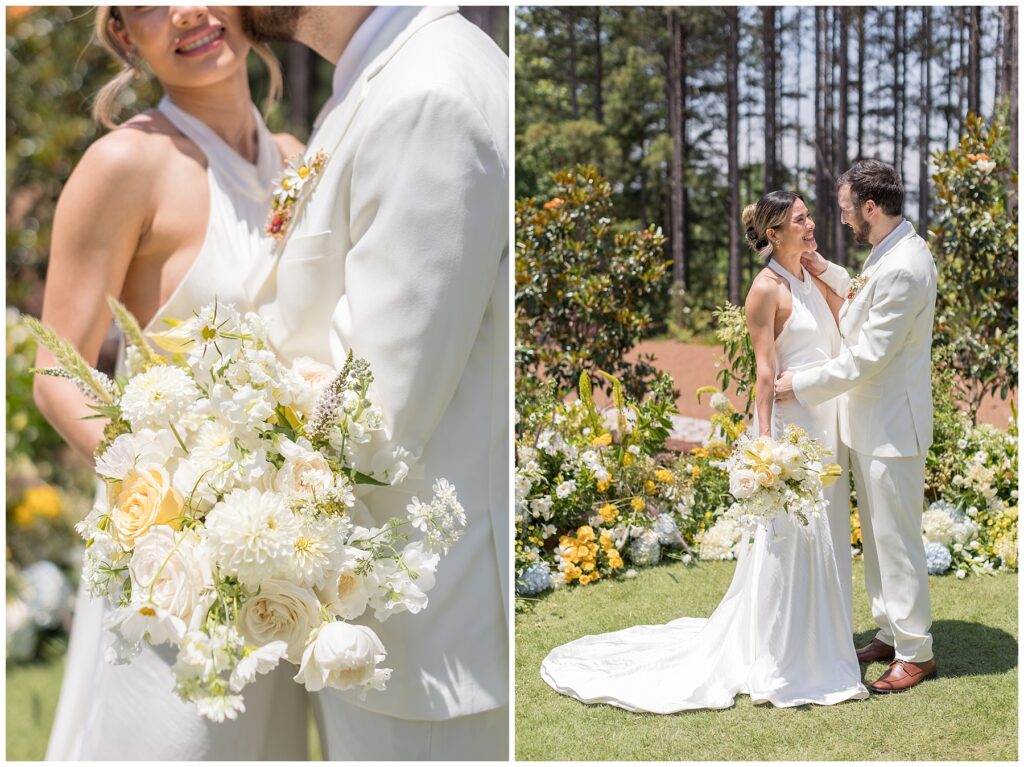 All white wedding attire | Bride Groom Photos on the lawn at The Upchurch Wedding Venue in Cary NC