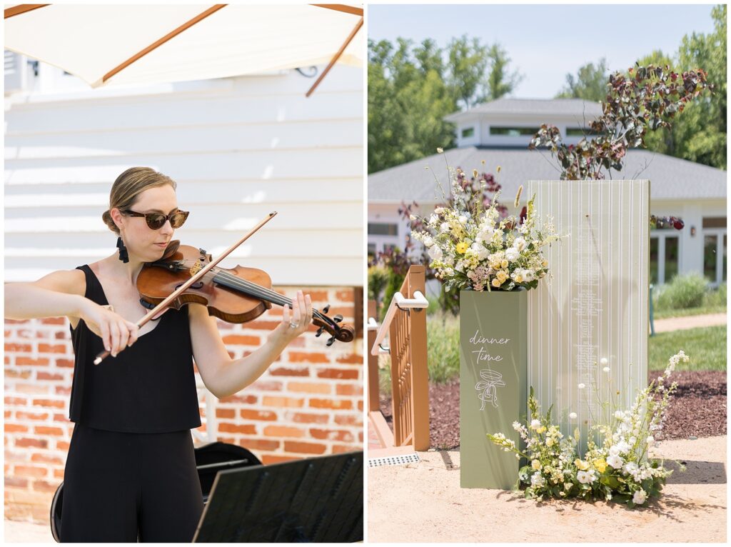 Live violinist playing during an outdoor wedding ceremony at The Upchurch in Cary NC  | Custom seating chart with green stripes and yellow flowers from Revel NC