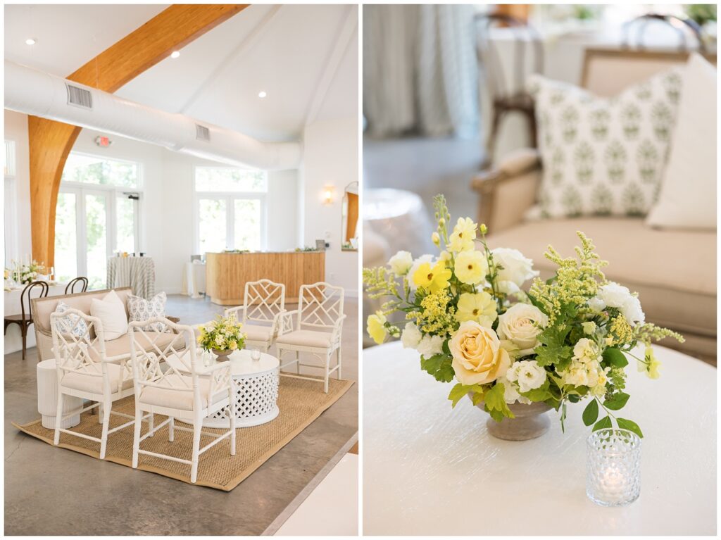 Yellow and White Wedding Flowers | Wedding Venue Table Decor and seating | The Upchurch | Sarah Hinckley Photography