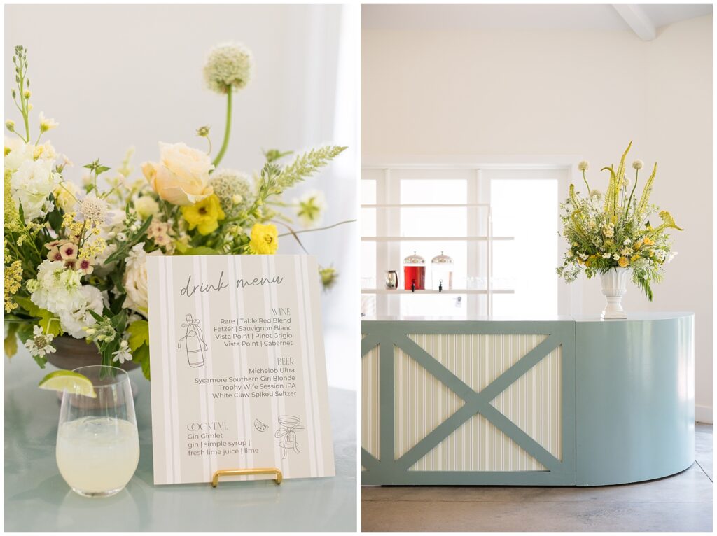 Custom Bar Design from Cottage Luxe in Raleigh NC with Yellow and White Wedding Flowers | Wedding Venue Bar Design | Cary NC Wedding at the Upchurch