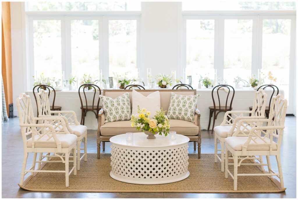 Yellow and White Wedding Flowers and lounge design from Cottage Luxe | Wedding at The Upchurch in Cary NC