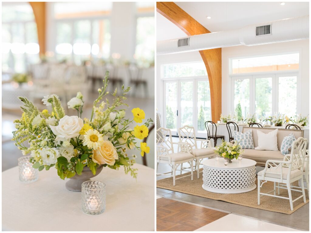 Yellow and White Wedding Flowers |  Summer wedding lounge furniture | Wedding Venue Table Decor