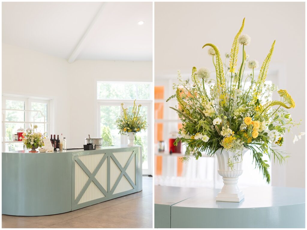 Yellow and White Wedding Flowers on a custom green bar from Cottage Luxe in Raleigh | Wedding Venue Decor