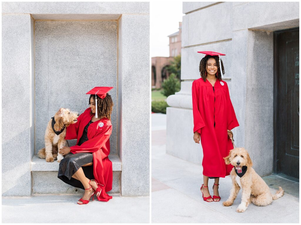 NCSU Senior Photos | NCSU State Belltower | Grad Photographer | Cap and Gown Photos with Dogs