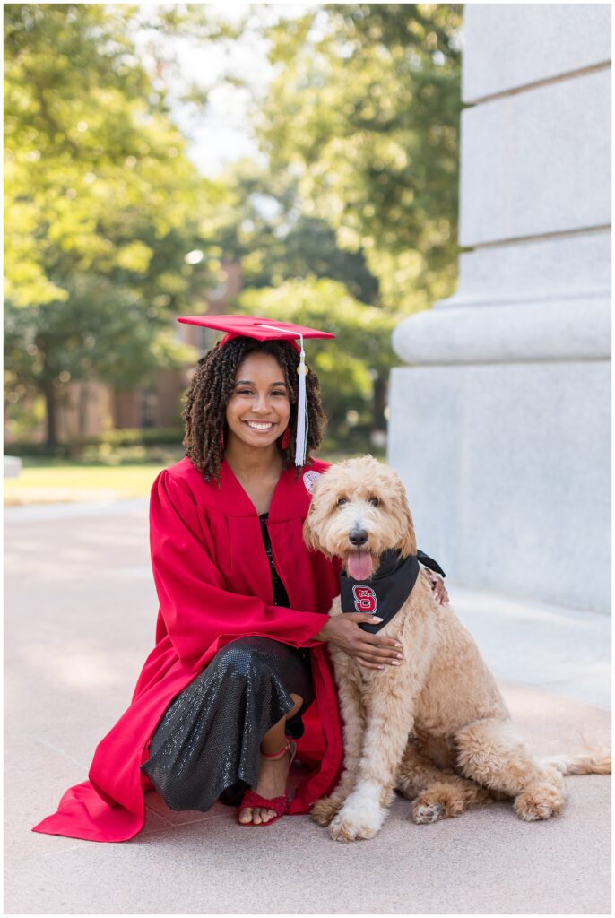 NCSU Grad Photos | Grad Photos with a Dog at the Bell Tower | Raleigh Senior Photographer | Cap and Gown Portraits with a Dog