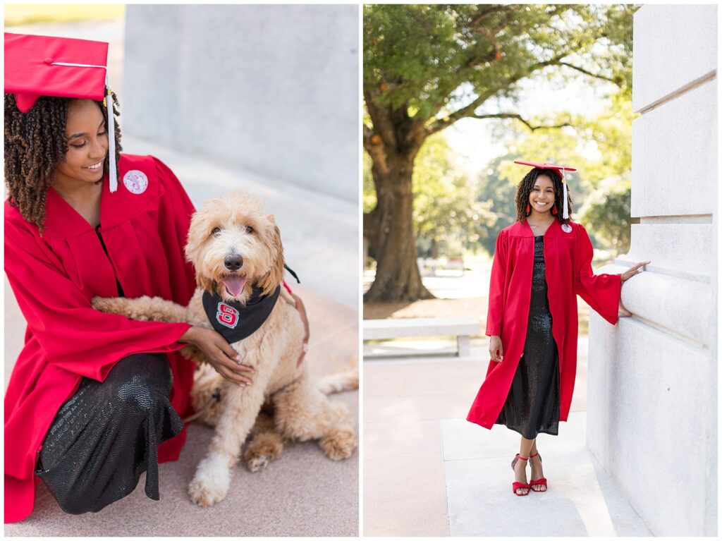 NCSU Senior Photos wearing red and black | Grad Photos with Dogs | Raleigh Grad Photographer | Cap and Gown Portraits