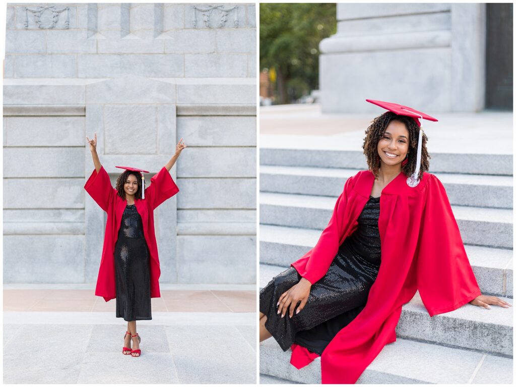 NCSU Senior Photos | NC State Belltower | Grad Photographer | Cap and Gown Portraits | Grad Photos on Stairs