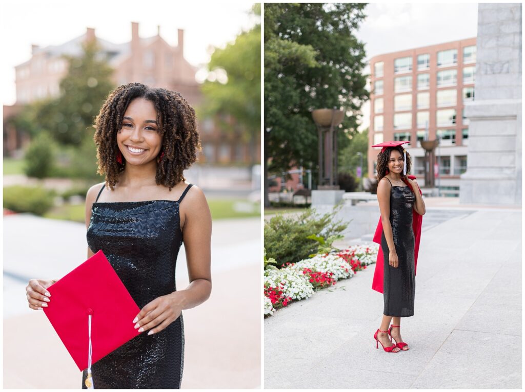 NCSU Senior Photos | NCSU Bell Tower with red and white flowers | Raleigh Grad Photographer | Cap and Gown Photos