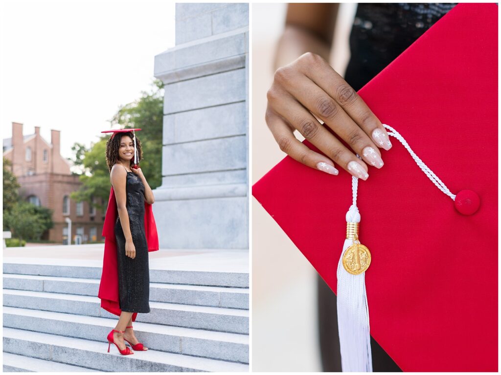 NCSU Senior Portraits | NC State Belltower | Grad Photographer | Cap and Gown Photos | Grad Photo Nails Inspiration