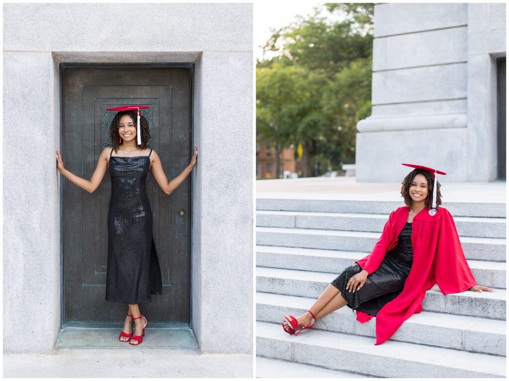 NCSU Grad Photos | NC State Belltower | Grad Photographer | Cap and Gown Portraits on Stairs