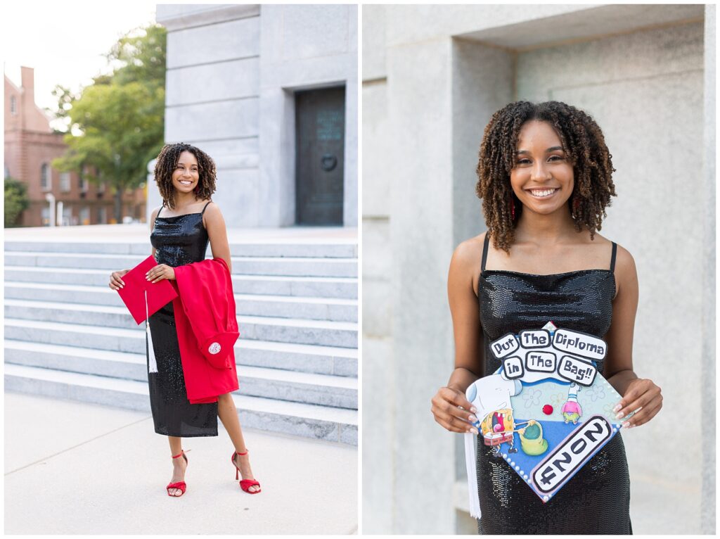 NCSU Senior Photos | NC State Belltower | Spongebob college grad cap | Grad Photographer | Grad Photo Outfit Inspiration