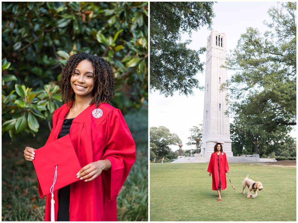 NCSU Senior Photos | NC State Belltower | Grad Photographer | Cap and Gown Photos with Dogs | Grad Photos with a Dog