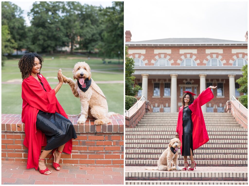 NCSU Senior Photos on Campus In Raleigh, North Carolina | NC State Court of Carolinas | Graduate Photographer | Cap and Gown Portraits with Dogs