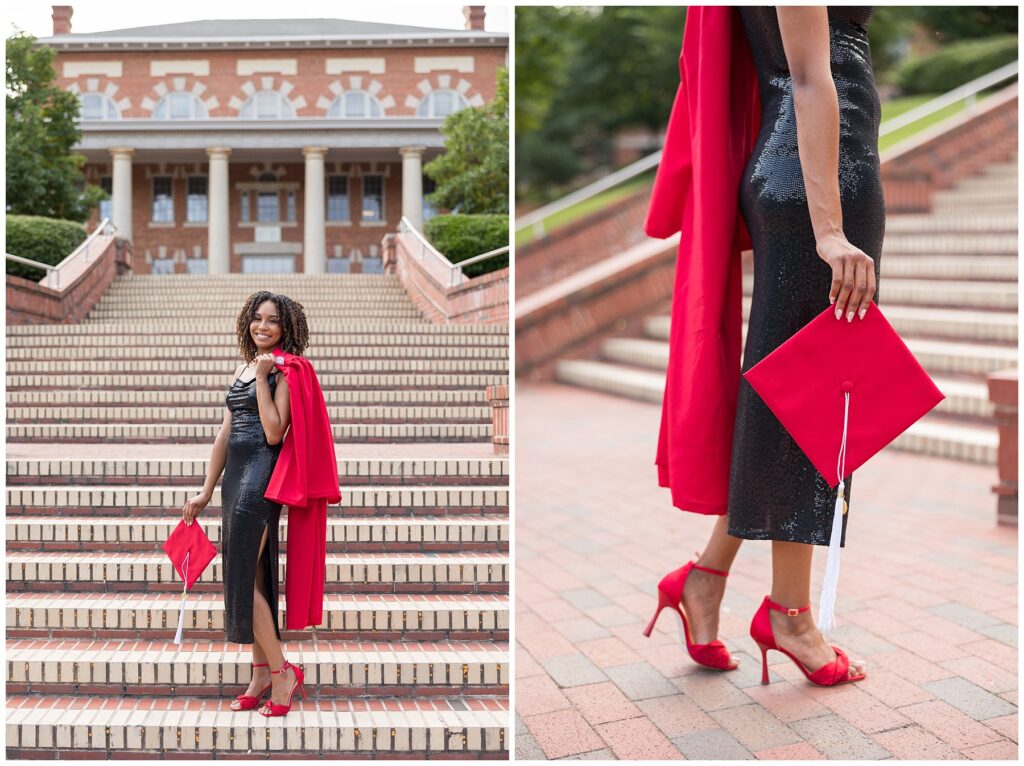 NCSU Senior Photos on Campus In Raleigh, North Carolina | NC State Court of Carolinas | Grad Photographer | Cap and Gown Portraits