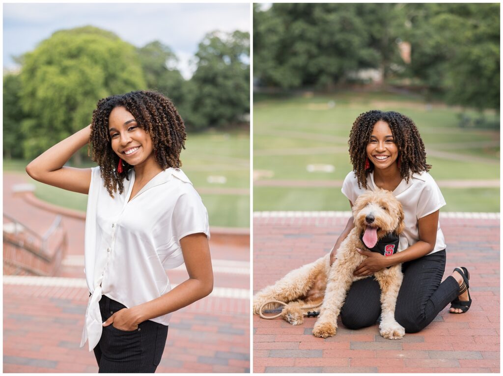 NCSU Senior Photos on Campus In Raleigh, North Carolina | NC State Court of Carolinas | Grad Photographer | Grad Photos with Dogs