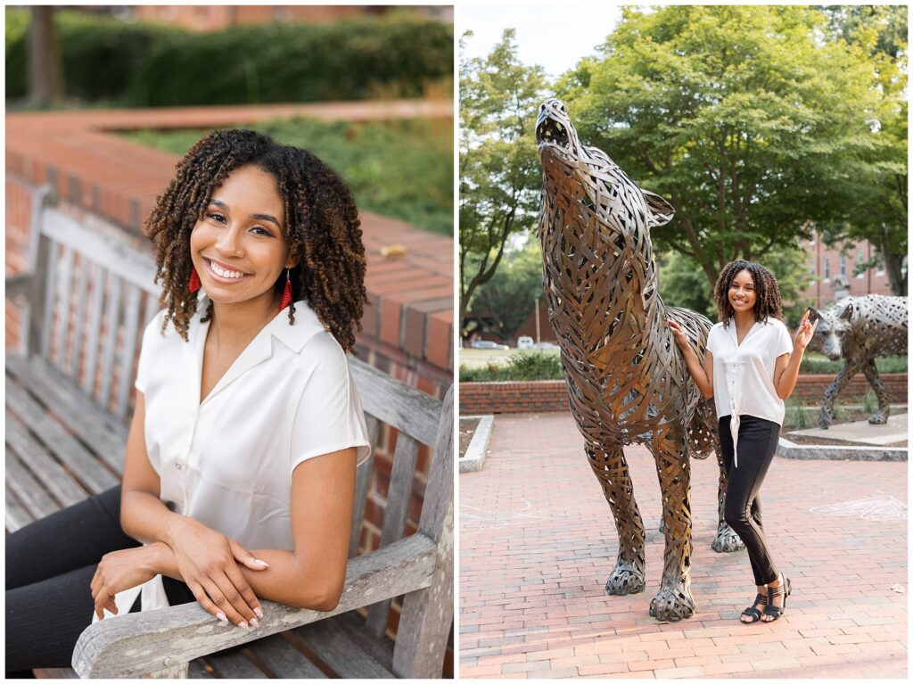 NCSU Senior Photos  | NC State Court of Carolinas and the Wolf Statues | Grad Photographer