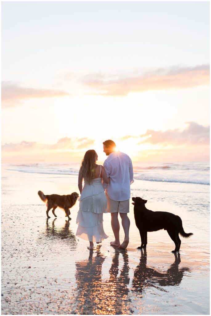 Sunrise Engagement Session with Dogs at Topsail Beach | Sunrise Beach Engagement Photo Ideas