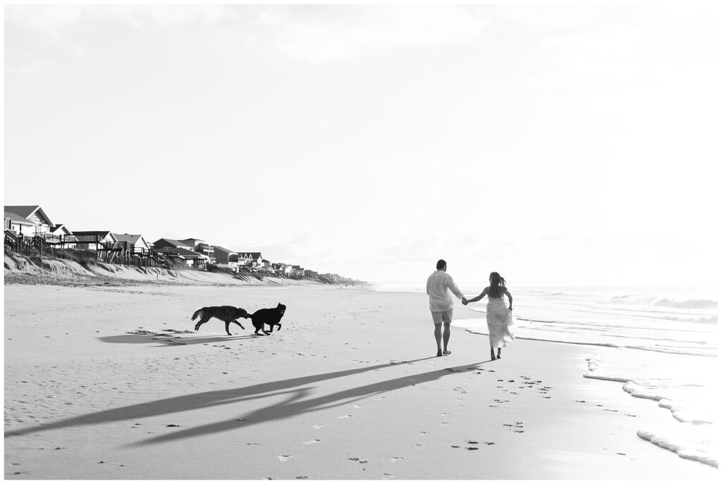 Sunrise Engagement Photos with Dogs on Surf City Beach | Beach Engagement Photos with Dogs