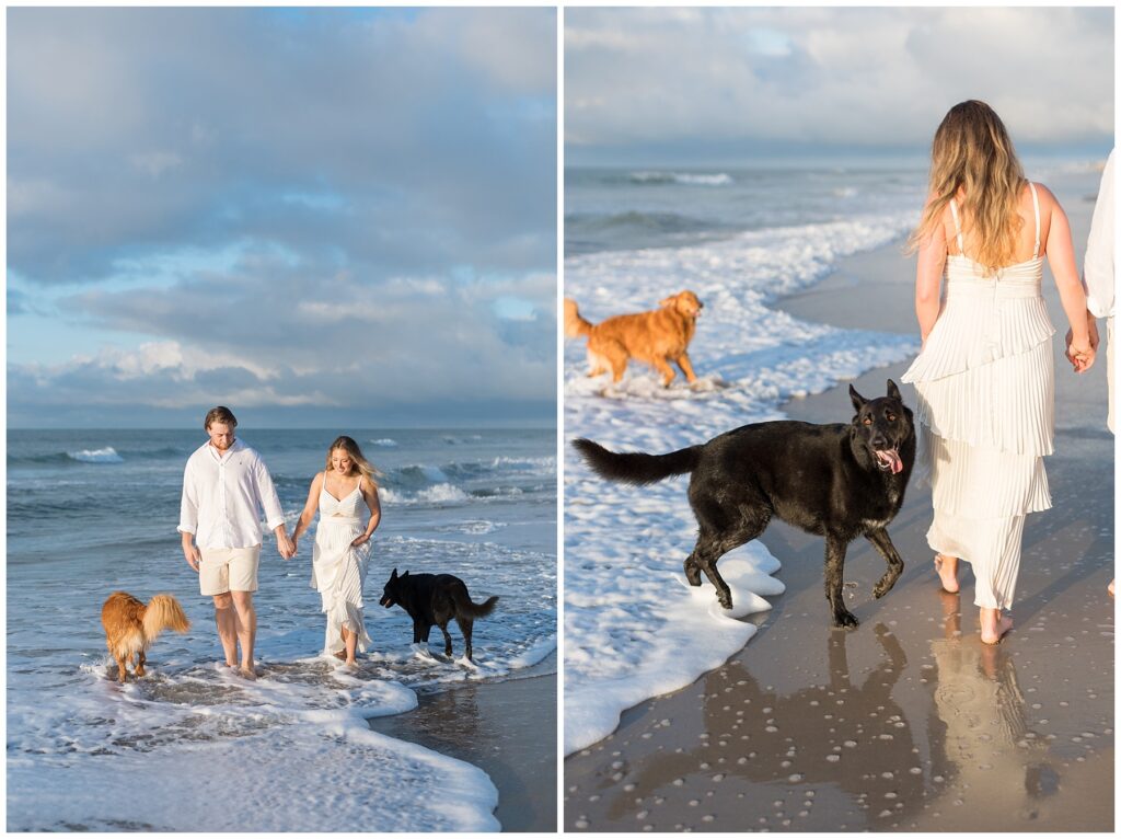 Sunrise Engagement Photo Ideas with Dogs on Surf City Beach | Beach Engagement Photo Inspiration with Dogs