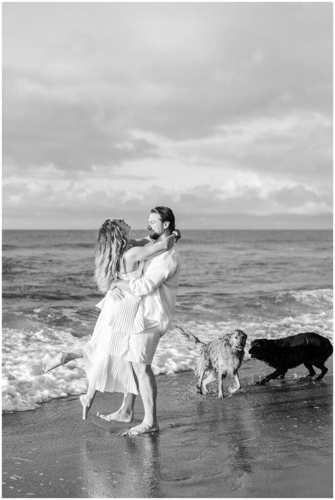 Sunrise Engagement Photos with Dogs on Topsail Beach | Beach Engagement Photos with Dogs