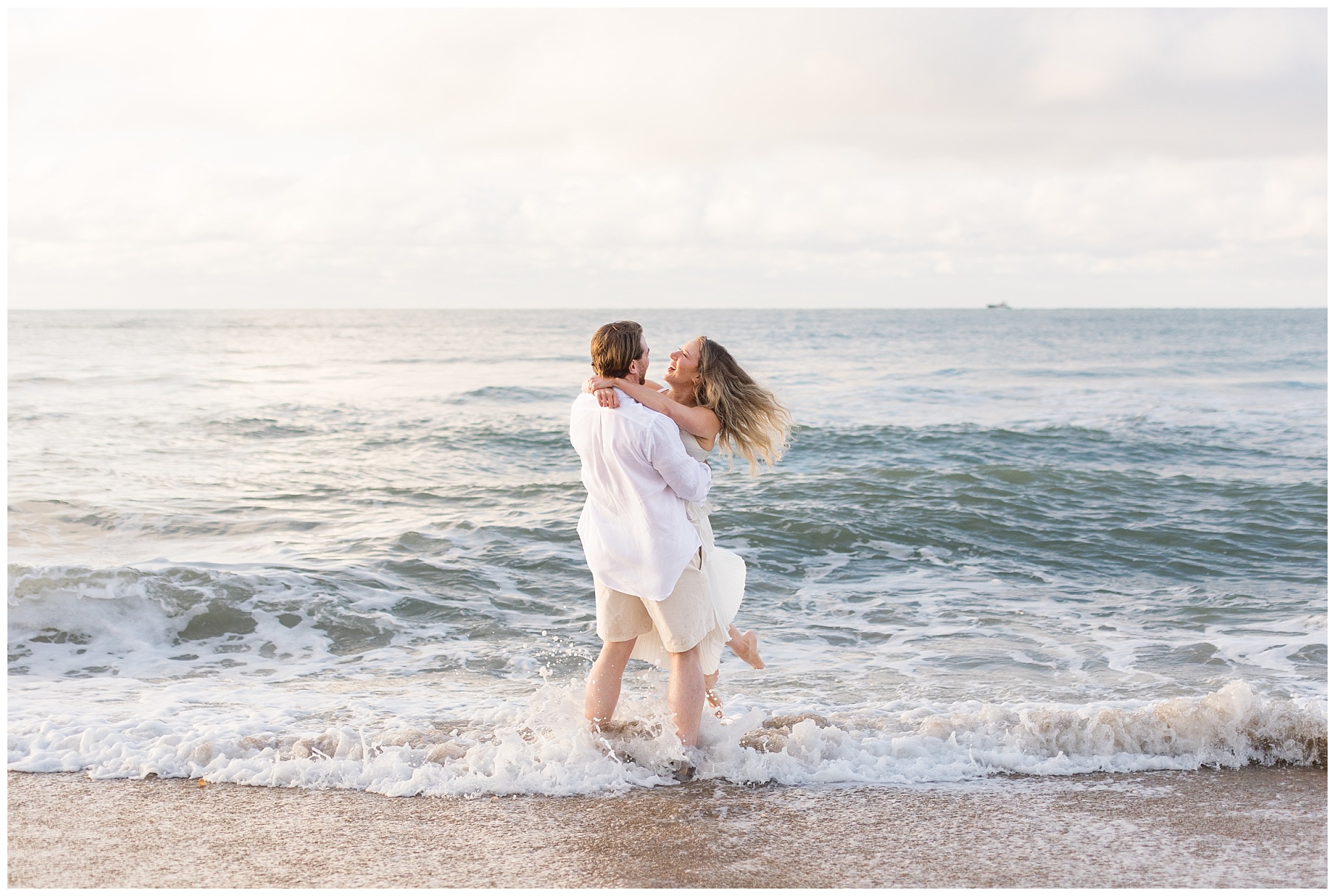 Sunrise Engagement photos at Topsail Beach in Surf City, NC with dogs | NC Wedding Photographer
