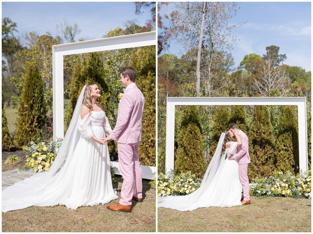 Bride Groom Photo Inspiration | Pink Groom Suit | Wedding Venue Inspiration