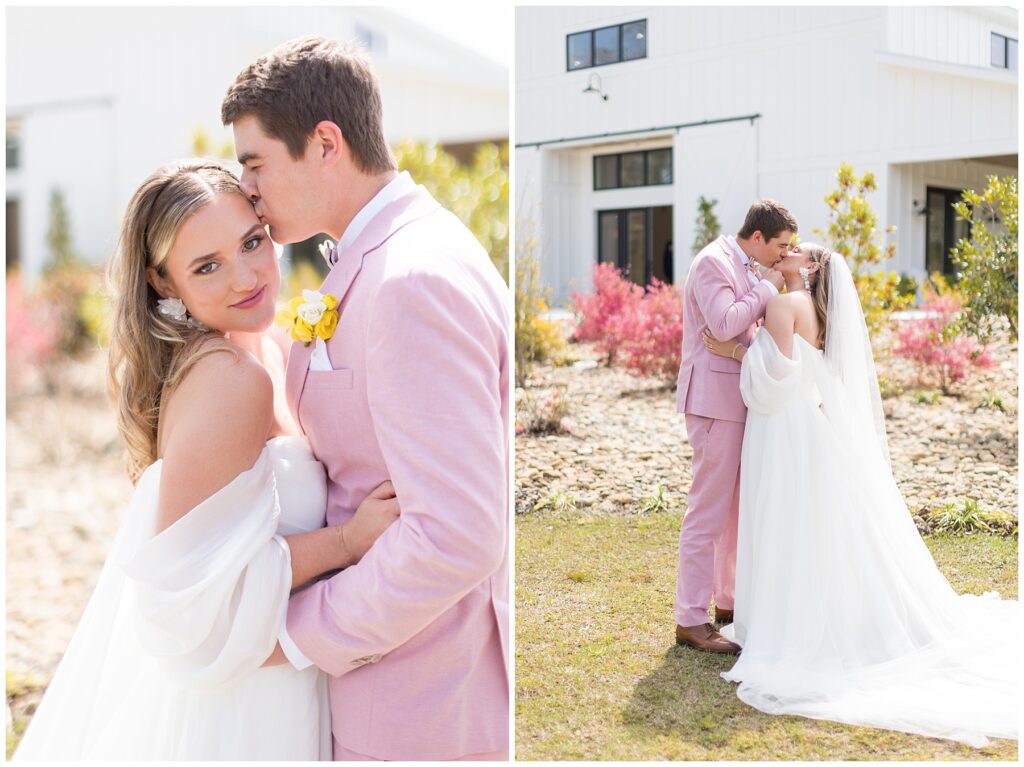 Pastel Wedding Inspiration | Pink Groom Suit | Bride Dress Inspo | White Oaks Farm Wedding