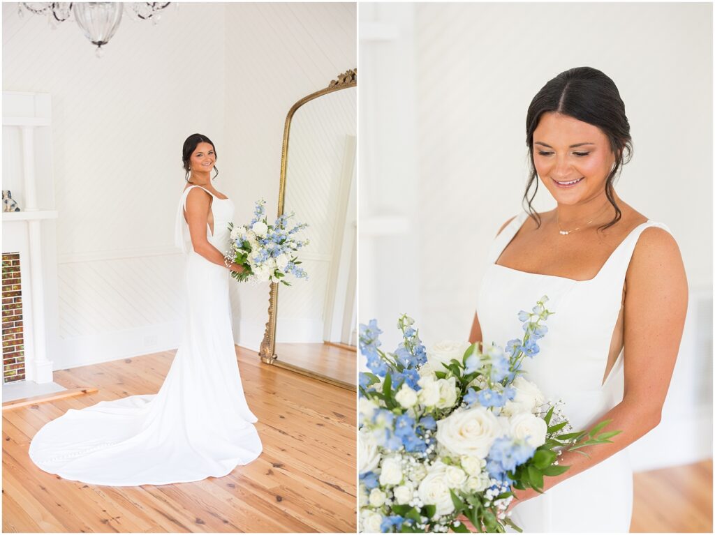 Indoor bridal portraits in a white room with blue florals at the Upchurch in Cary NC | Sarah Hinckley Photography