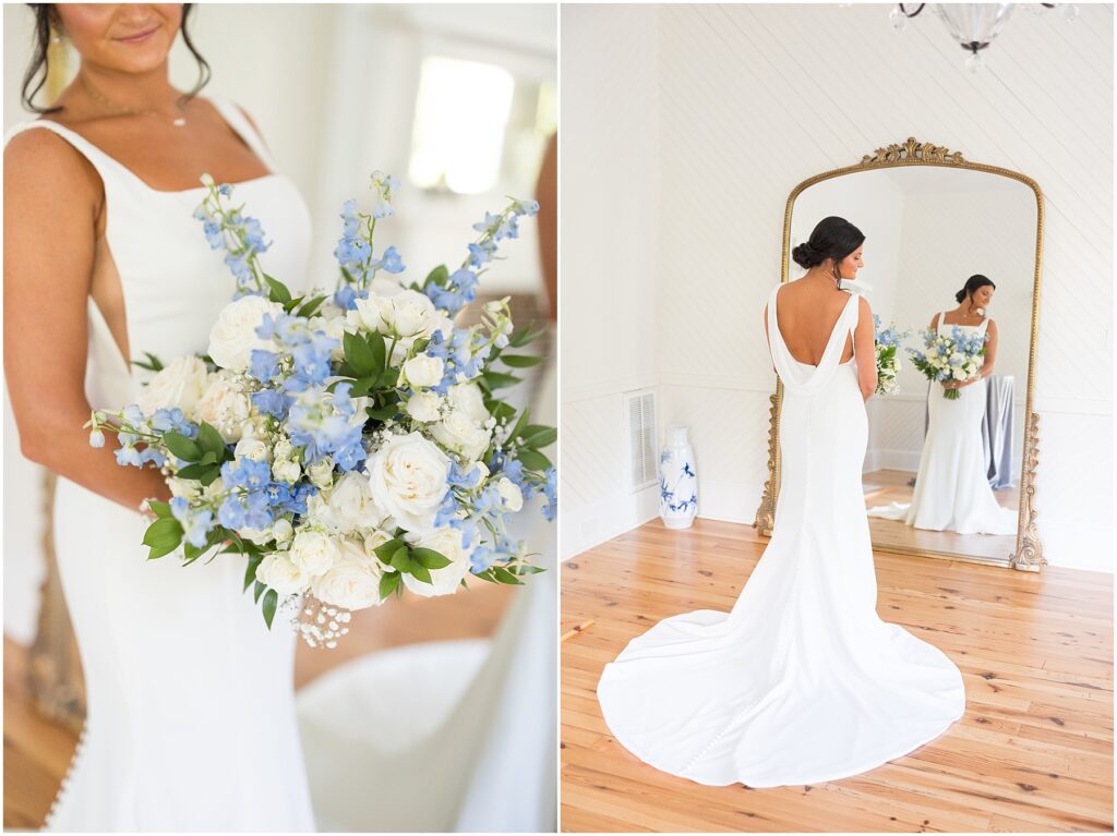 Bride Wedding Dress Inspiration  | Blue and White Bridal Bouquet | Bridal Portraits at The Upchurch | Bridal Portrait Photographer