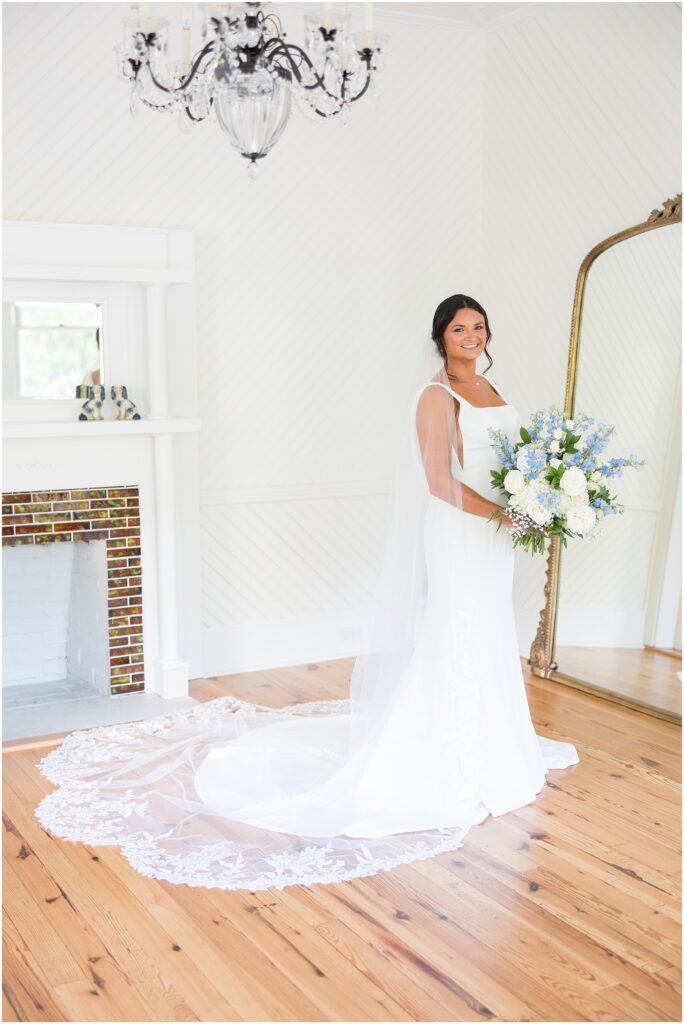 The Upchurch Bridal Portraits | Blue and White Bridal Bouquet Inspiration | Elegant Bridal Dress | Bridal Portrait Photographer