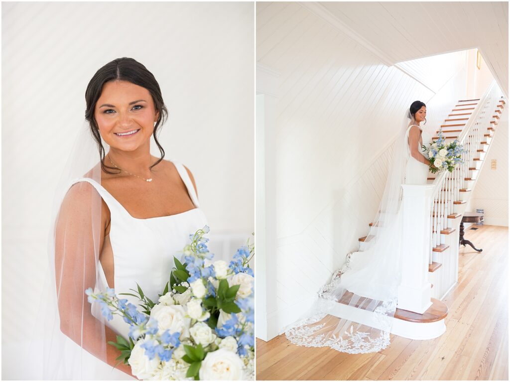 Bridal portraits on the stairs at the Upchurch in Cary NC | Raleigh Wedding Photographer