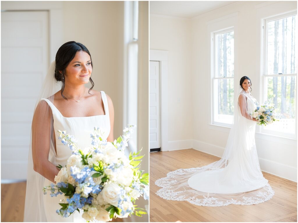 Bride Wedding Dress Inspiration | Blue and White Bridal Bouquet | Bridal Portraits at The Upchurch | Bridal Portrait Photographer